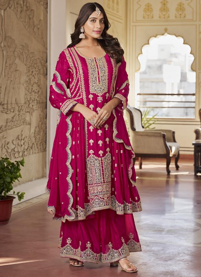 Pure Chinnon Rani Traditional Wear Embroidery Work Readymade Palazzo Suit